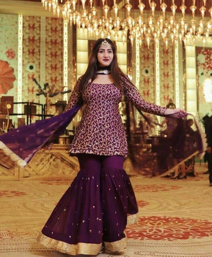 Wonderful Wine Color Sequence Embroidered Work Georgette Sharara Suit