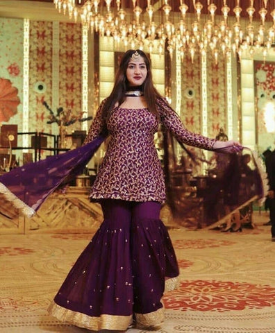 Wonderful Wine Color Sequence Embroidered Work Georgette Sharara Suit