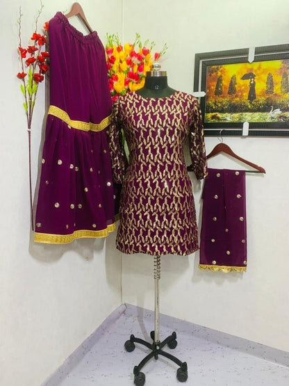 Wonderful Wine Color Sequence Embroidered Work Georgette Sharara Suit