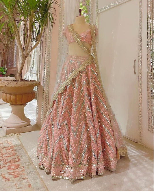 Peach Color Designer Soft Mono Sequence Work Lehenga Choli For Wedding