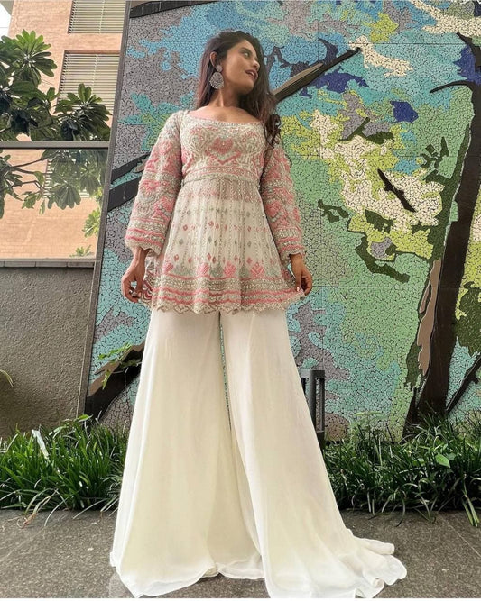 Attractive Off White Color Party Wear Georgette Chine Stitched Work Plazo Kurti