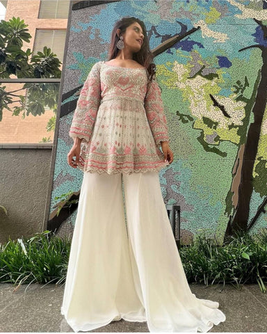 Attractive Off White Color Party Wear Georgette Chine Stitched Work Plazo Kurti