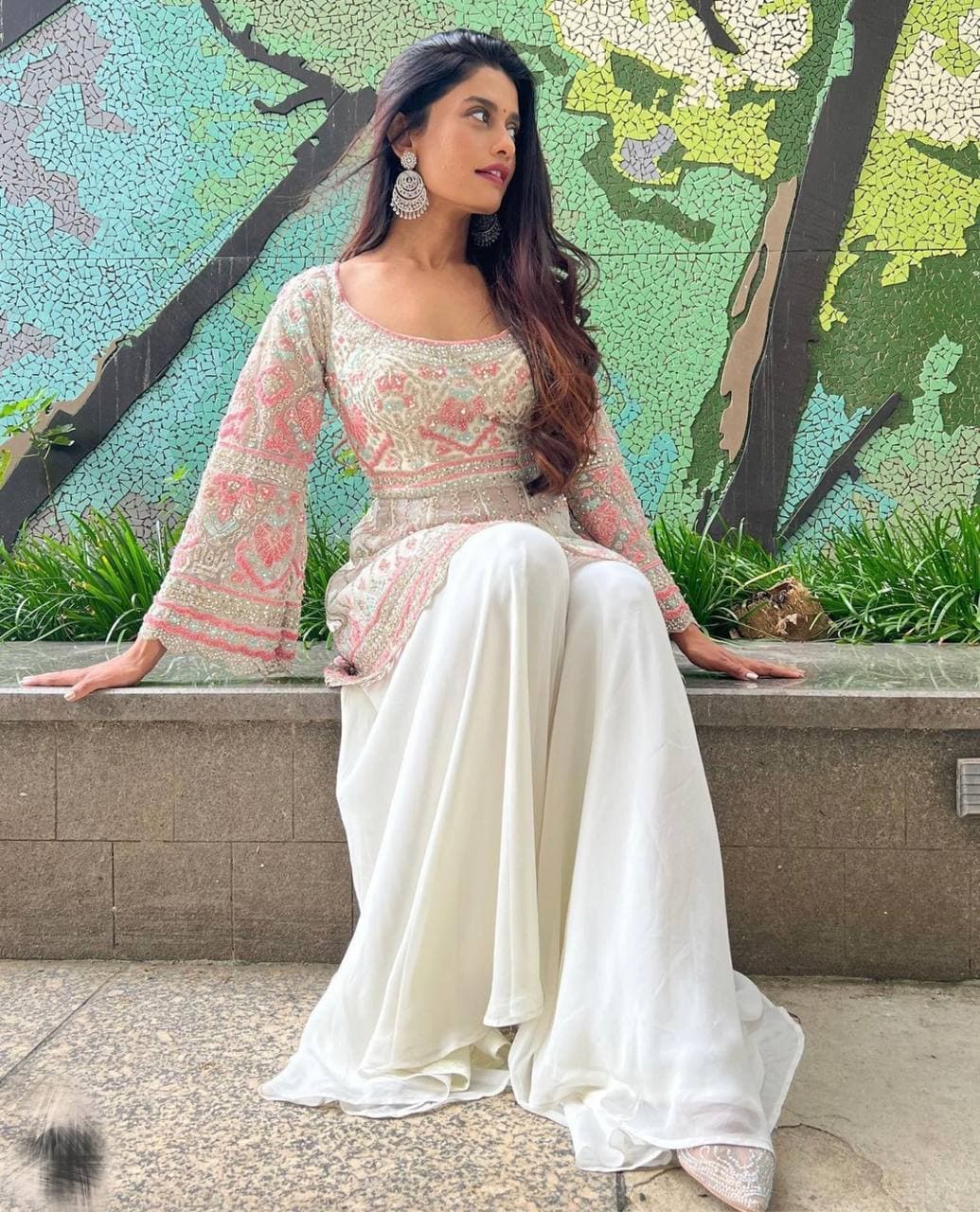 Attractive Off White Color Party Wear Georgette Chine Stitched Work Plazo Kurti