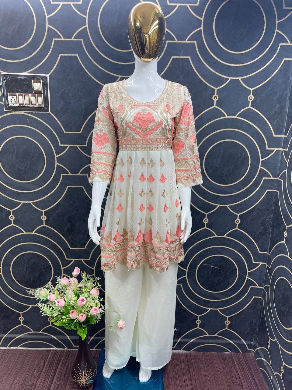 Attractive Off White Color Party Wear Georgette Chine Stitched Work Plazo Kurti