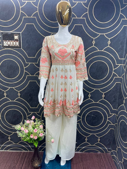 Attractive Off White Color Party Wear Georgette Chine Stitched Work Plazo Kurti