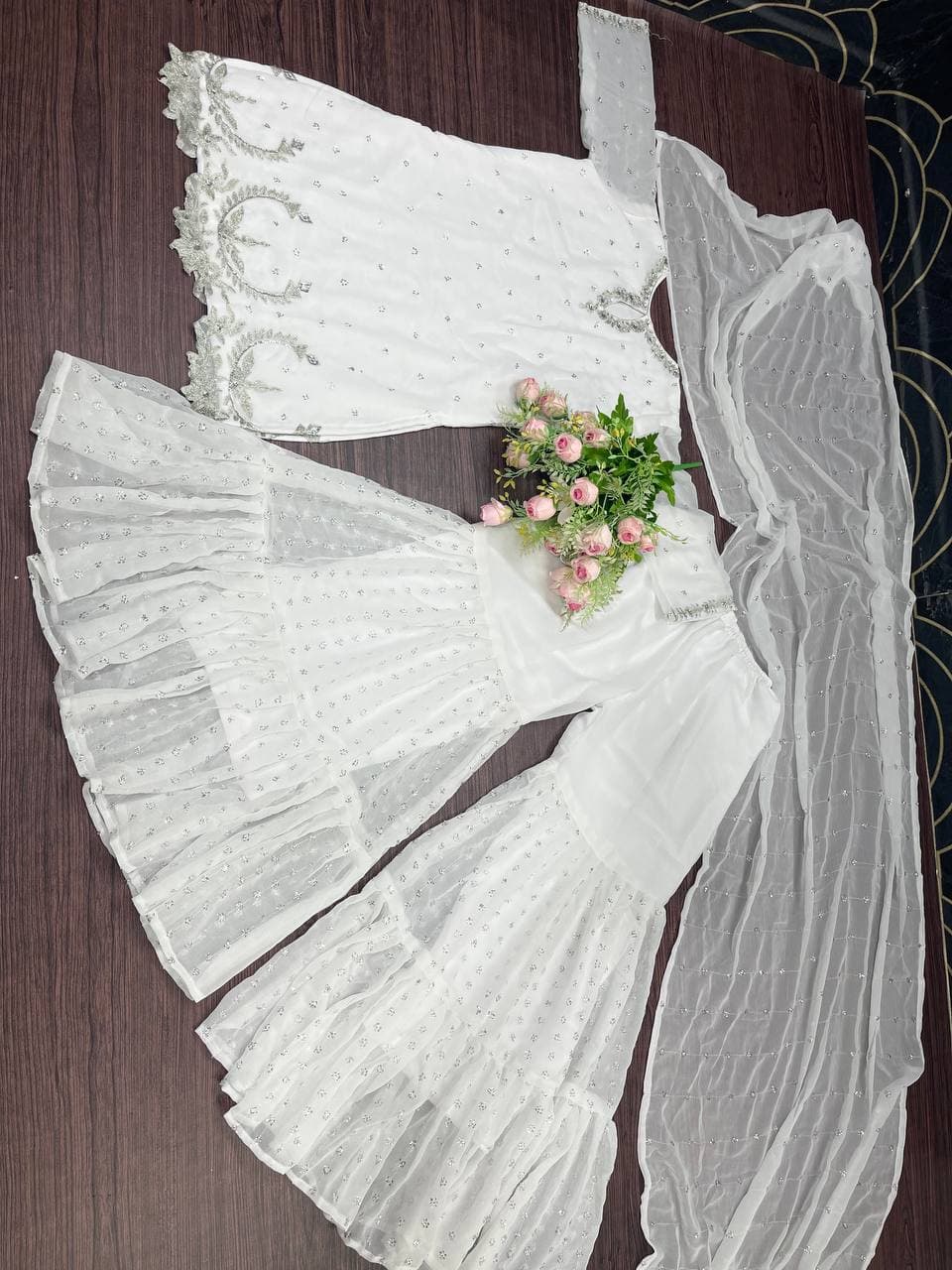 Divine Off White Color Function Wear Georgette Sequence Work Sharara Suit
