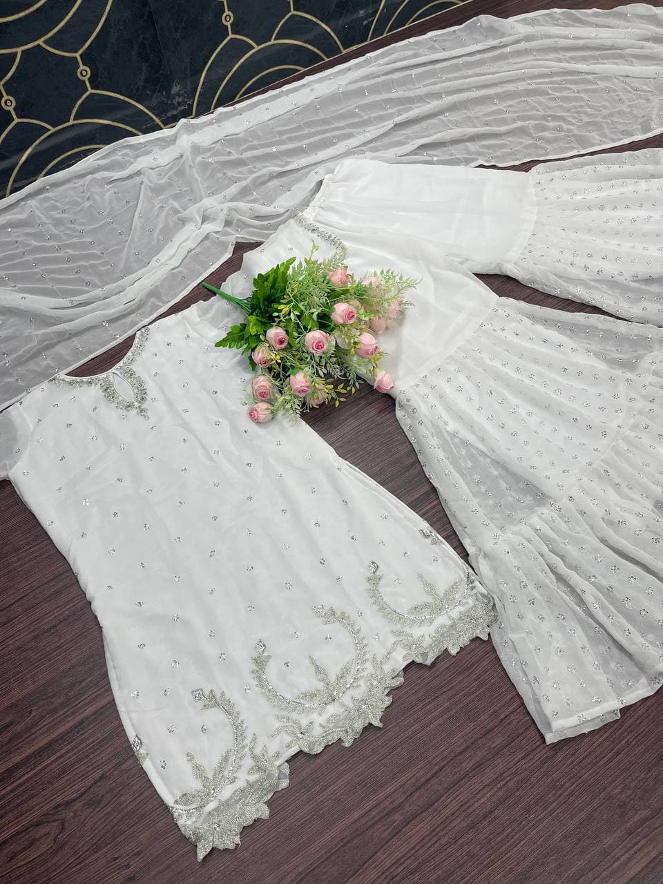 Divine Off White Color Function Wear Georgette Sequence Work Sharara Suit