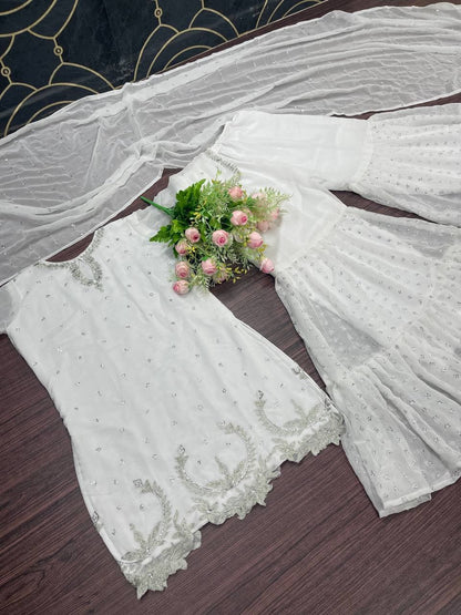 Divine Off White Color Function Wear Georgette Sequence Work Sharara Suit