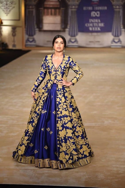 Appealing Royal Blue Color Taffeta Silk Embroidered Work Wedding Wear Indo Western Suit
