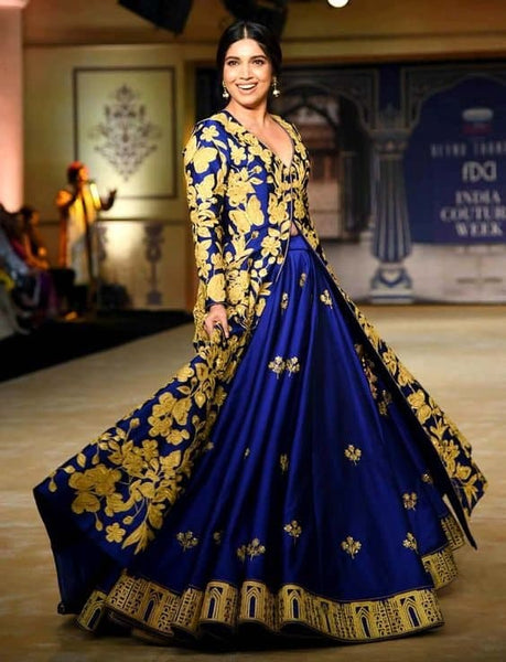 Appealing Royal Blue Color Taffeta Silk Embroidered Work Wedding Wear Indo Western Suit