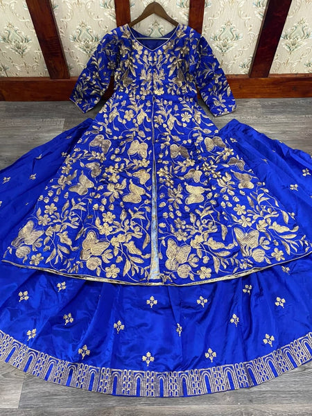 Appealing Royal Blue Color Taffeta Silk Embroidered Work Wedding Wear Indo Western Suit