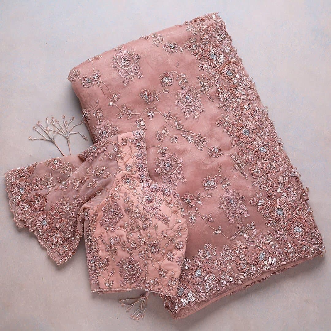 Dismaying Baby Pink Color Function Wear Organza Sequence Work Saree Blouse