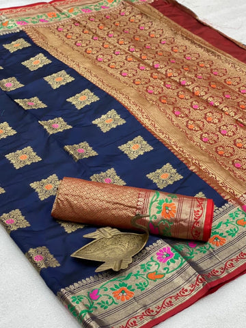 Accomplishment Blue Color Banarasi Silk Weaving Saree Blouse For Ladies