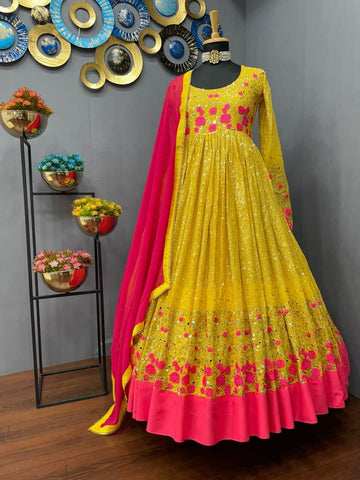 Wonderful Yellow Color Wedding Wear Georgette Embroidered Work Gown Dupatta