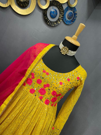 Wonderful Yellow Color Wedding Wear Georgette Embroidered Work Gown Dupatta