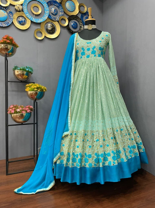 Refreshing Blue Color Mirror Embroidered Work Georgette Salwar Suit