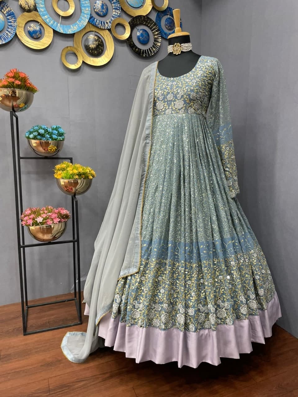 Paerty Wear Grey Color Georgette Embroidered Mirror Work Salwar Suit