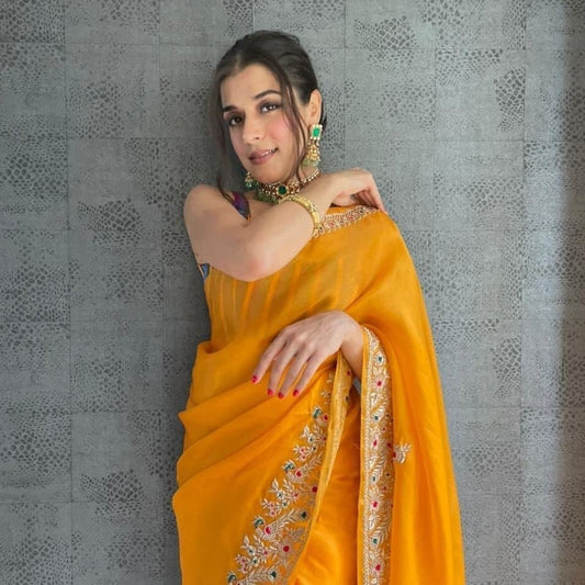 Awesome Mustard Color Silk Organza Thread Work Wedding Wear Saree Blouse
