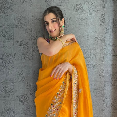 Awesome Mustard Color Silk Organza Thread Work Wedding Wear Saree Blouse