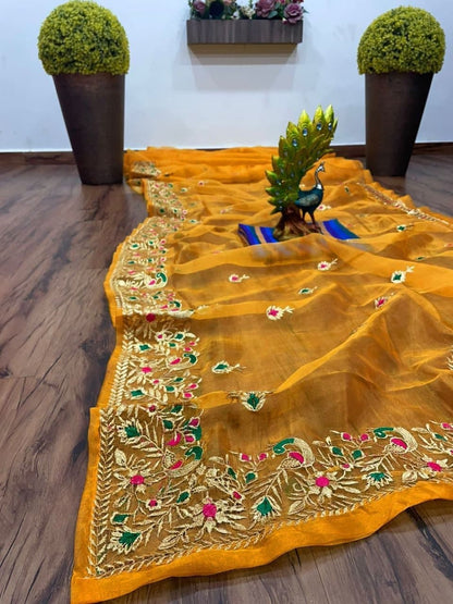 Awesome Mustard Color Silk Organza Thread Work Wedding Wear Saree Blouse
