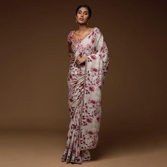Wondrous White Color Sequence Printed Georgette Saree Blouse