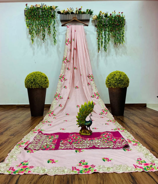 Preferable Pink Color Casual Wear Silk Sequence Thread Work Saree Blouse