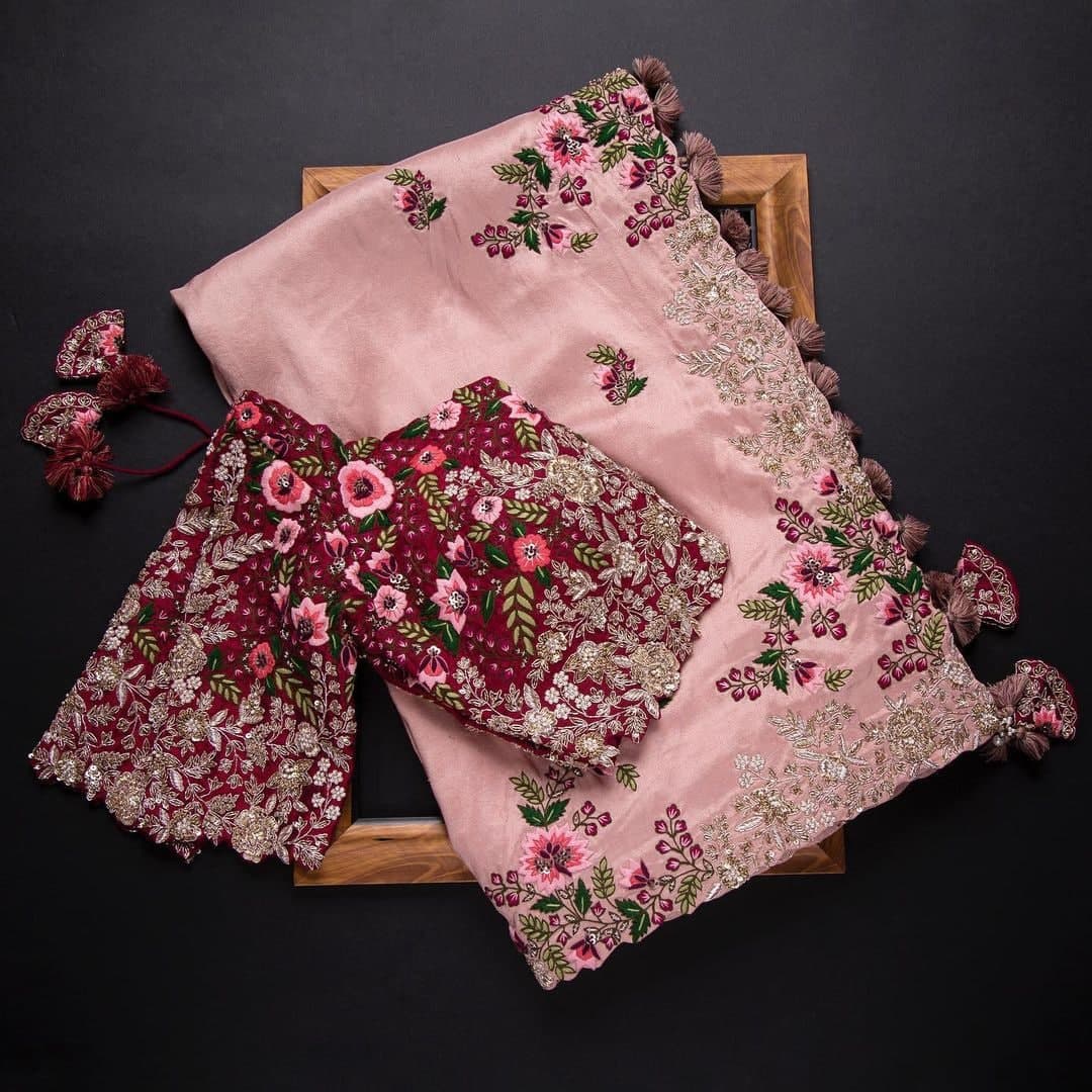 Preferable Pink Color Casual Wear Silk Sequence Thread Work Saree Blouse