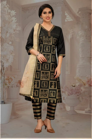 Adorable Black Color Ready Made Cotton Golden Printed Pant Salwar Suit