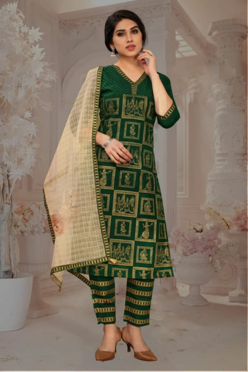 Radiant Green Color Full Stitched Cotton Printed Salwar Suit For Women