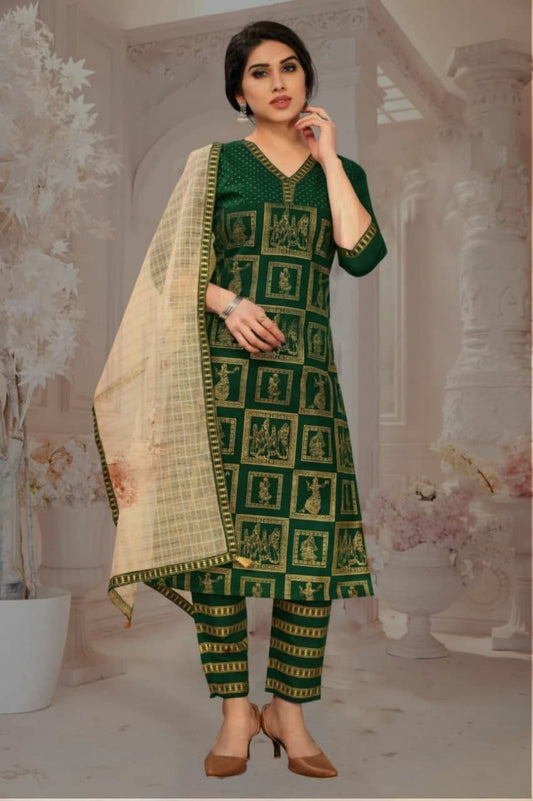 Radiant Green Color Full Stitched Cotton Printed Salwar Suit For Women