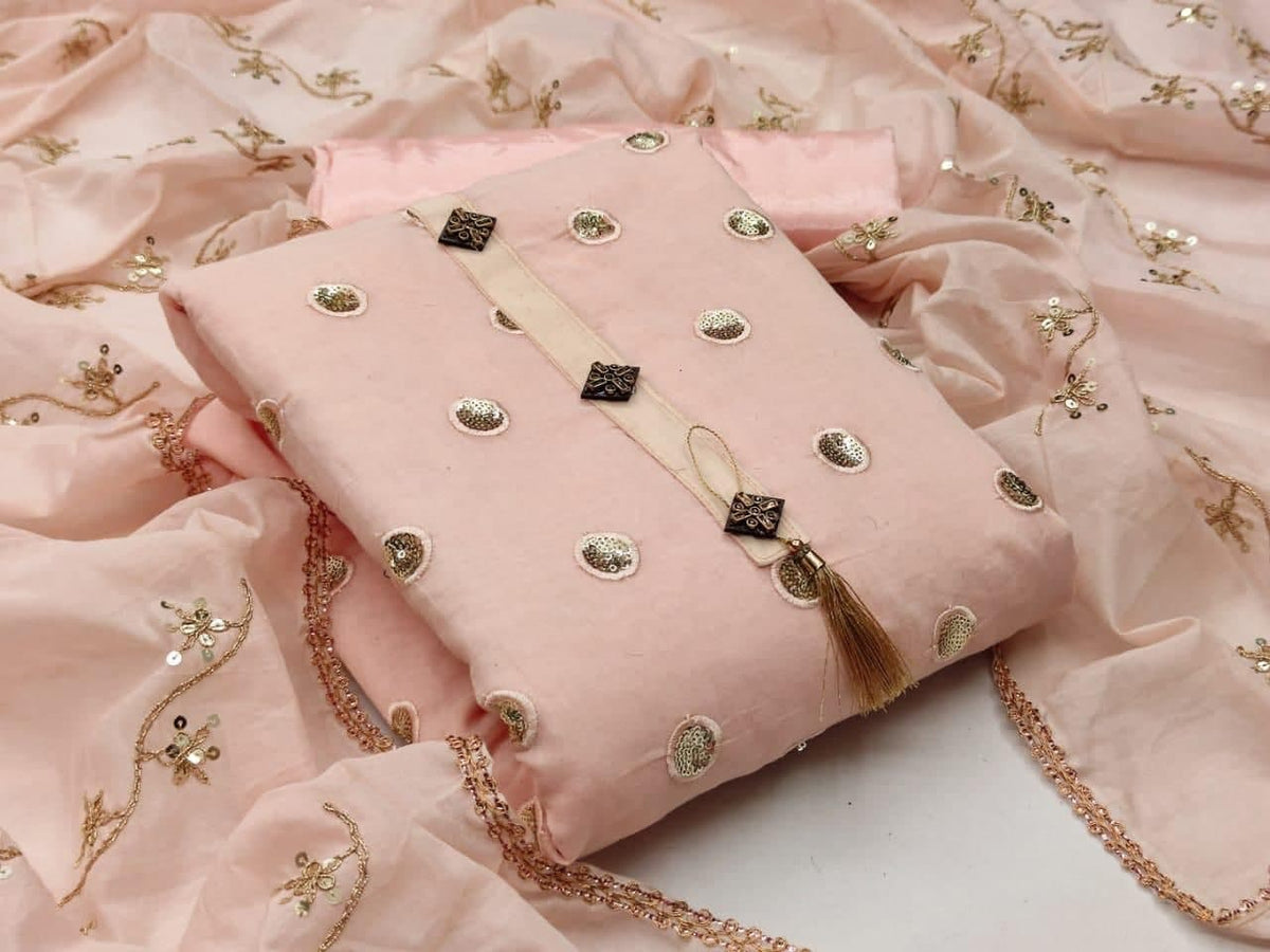 Flattering peach Color Sequence Work Designer Chanderi Salwar Suit