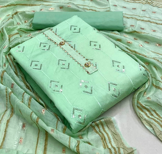 Hypnotic Sea Green Color Cotton Chanderi Embroidered Work Salwar Kameez