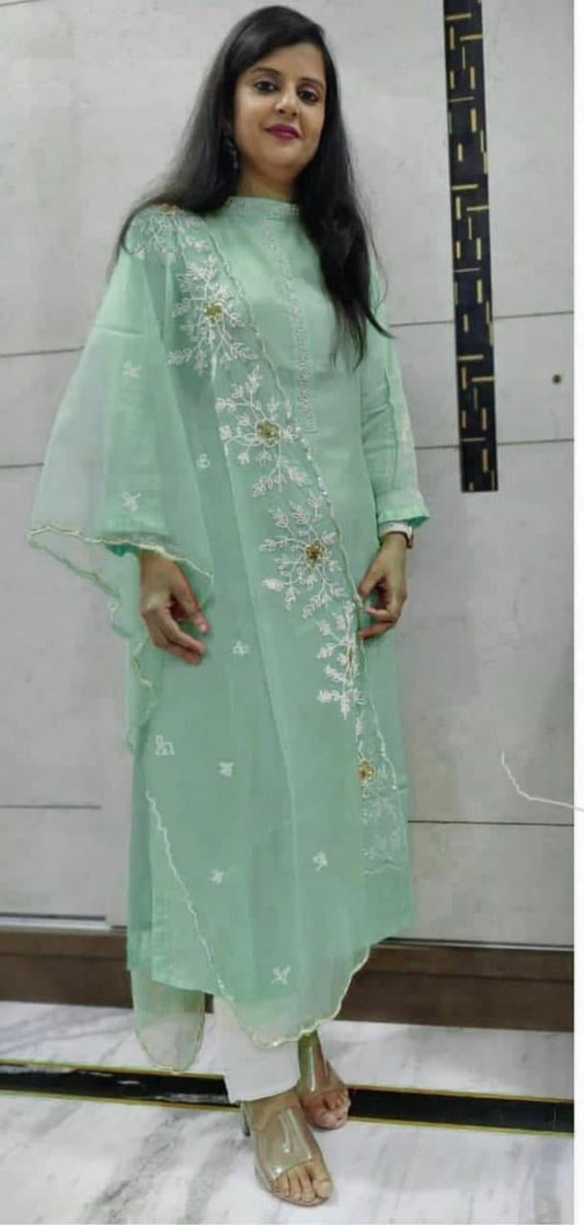 Intricate Sea Green Color Moti Work Cotton Salwar Suit For Ladies