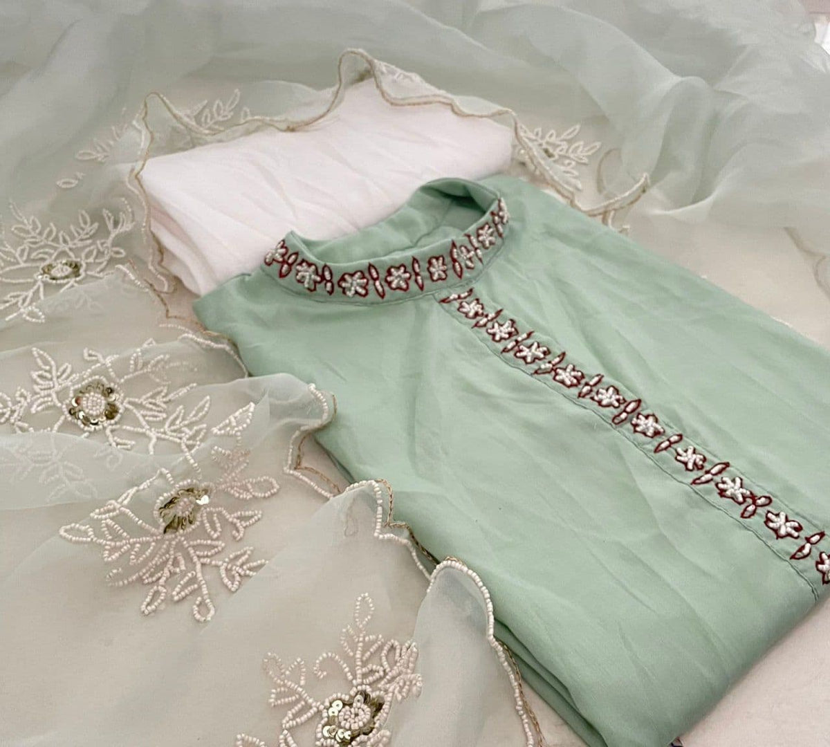 Intricate Sea Green Color Moti Work Cotton Salwar Suit For Ladies