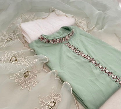 Intricate Sea Green Color Moti Work Cotton Salwar Suit For Ladies