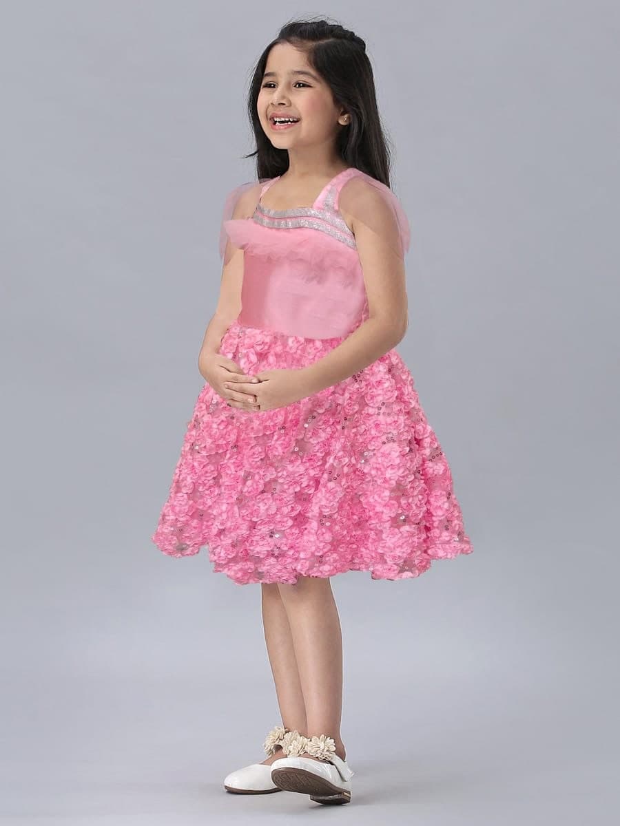 Trendy Pink Color Ready Made Net Satin SIlk Sequence Work Frock For Girl