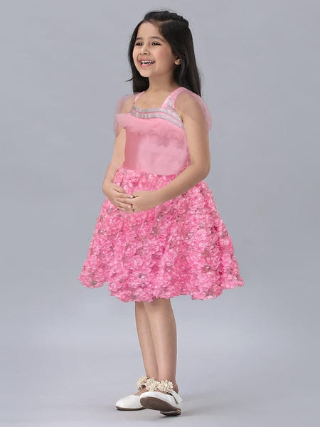 Trendy Pink Color Ready Made Net Satin SIlk Sequence Work Frock For Girl