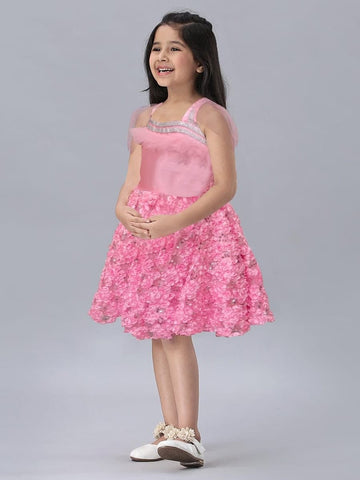 Trendy Pink Color Ready Made Net Satin SIlk Sequence Work Frock For Girl