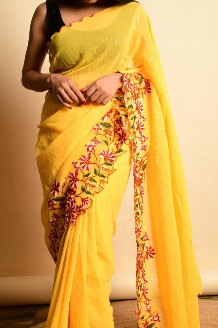 Bewildering Yellow Color Regular Wear SIlk Georgette Multi Sequence Work Saree Blouse