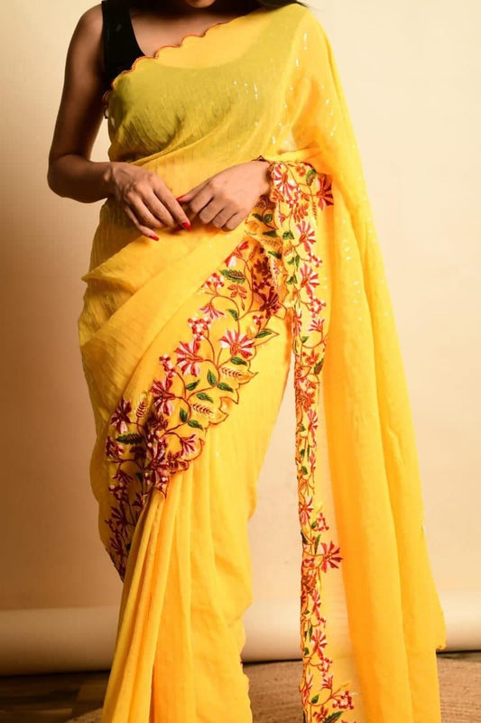 Bewildering Yellow Color Regular Wear SIlk Georgette Multi Sequence Work Saree Blouse