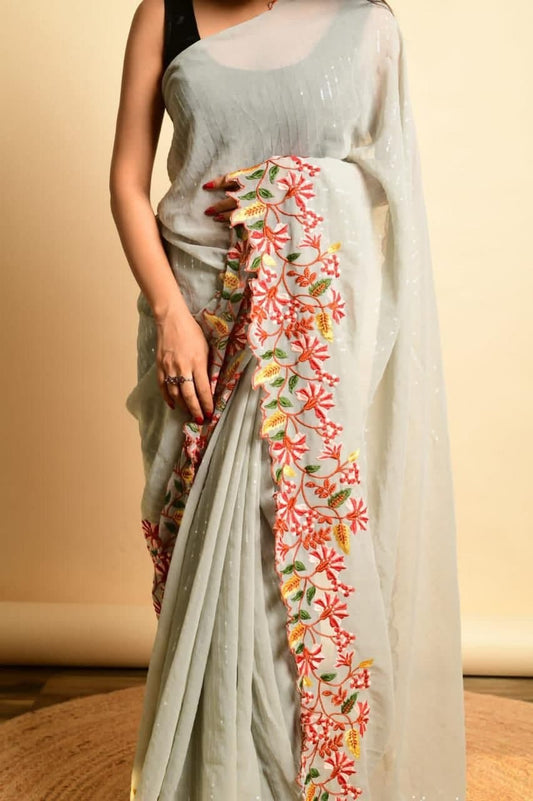Winsome Grey Color Thread Multi Work Silk Georgette Wedding Wear Saree Blouse