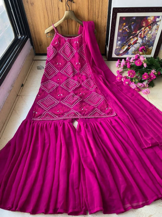 Striking Magenta Color Georgette Party Wear Embroidered Work Plazo Suit
