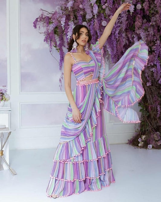 Extraordinary Violet Color Printed Ruffle Georgette Party Wear Lehenga Choli