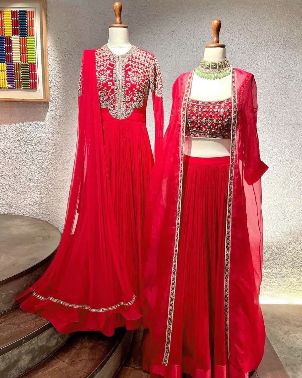 Prominenet Red Color Wedding Wear Georgette Embroidered Work Dupatta Gown