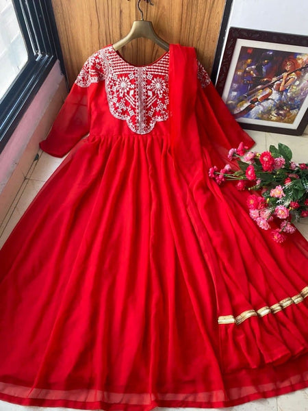 Prominenet Red Color Wedding Wear Georgette Embroidered Work Dupatta Gown