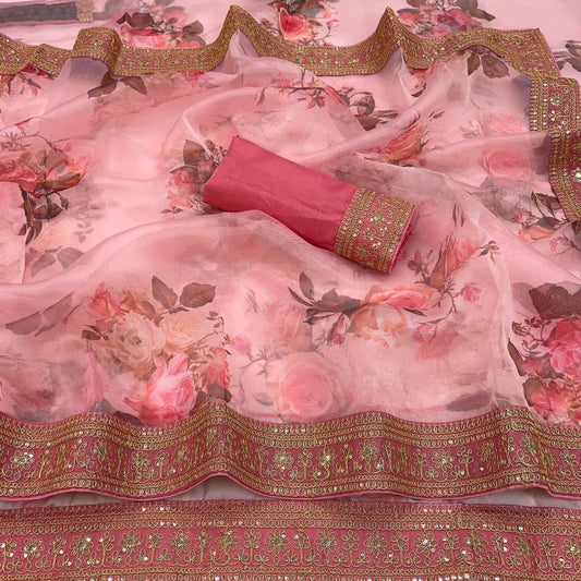 Admiring Pink Color Silk Organza Party Wear Sequence Thread Work Saree Blouse