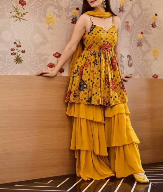 Exclusive Mustard Color Rayon Printed Party Wear Sharara Suit For Women