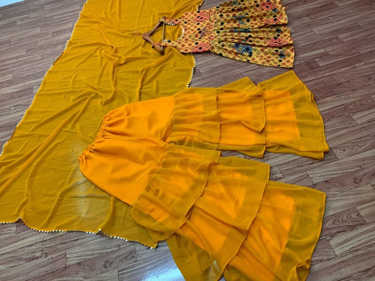 Exclusive Mustard Color Rayon Printed Party Wear Sharara Suit For Women