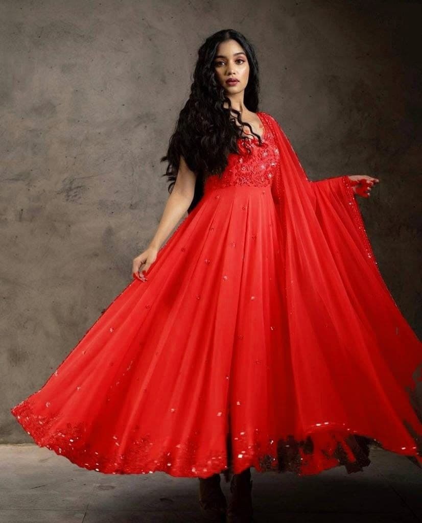 Elegant Red Color Embroidered Work Georgette Salwar Suit For Function Wear