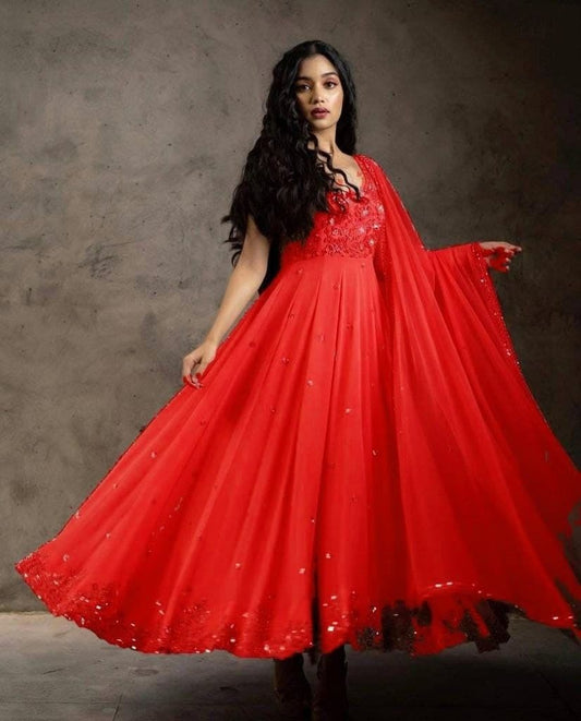 Elegant Red Color Embroidered Work Georgette Salwar Suit For Function Wear